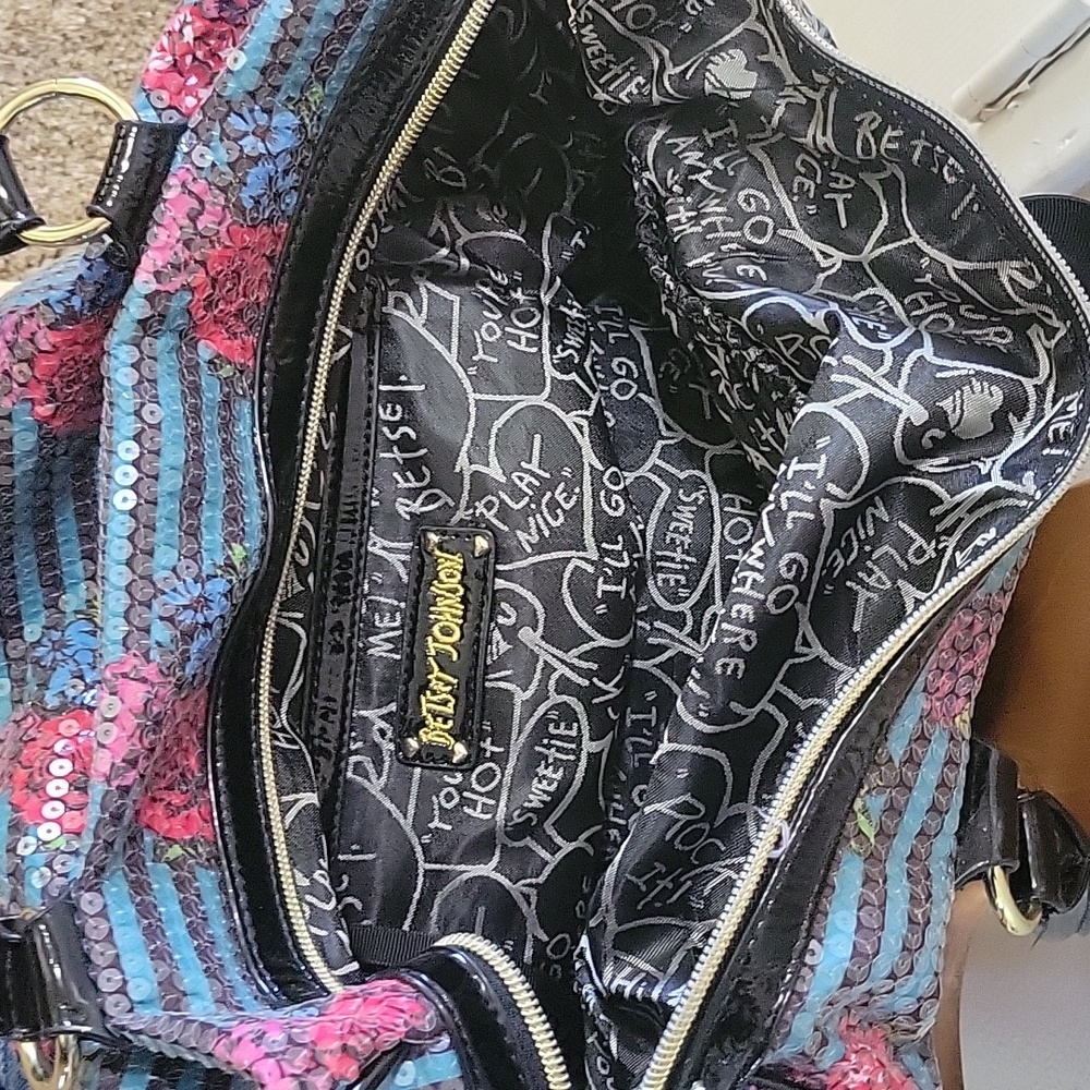 Betsy Johnson Turquoise with Pink Roses and Sequins Purse - Picture 5 of 5